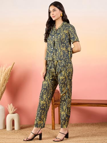 Image of Modeve Women Shirt Pant Navy Abstract Print Co-Ord Set