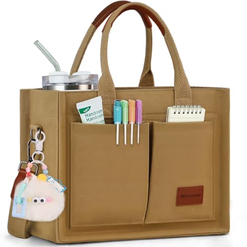 Image of BECOJADDE Structured Canvas Tote Bag for Women, Multi-Compartment Zippered Purse for Work Bible Travel