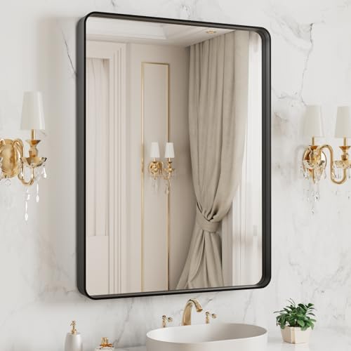 LOAAO 20X16 Inch Black Metal Framed Bathroom Mirror for Wall, Matte Black Bathroom Vanity Mirror Farmhouse, Large Rounded Rectangle Mirror, Anti-Rust, Hangs Horizontally or Vertically