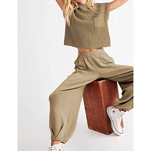 Ainangua Women's Casual Two Piece Outfits Sweater Sets Knit Pullover Tops High Waisted Harem Pants Lounge Sets(Khaki,L) #TOP6