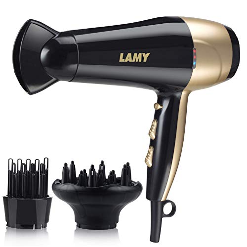 LAMY Hair Dryer with Diffuser for Curly Hair, Quiet, Lightweight, Ionic Hair Dryers, 1875W Professional Blow Dryer with Comb Attachment, 2 Speed 3 Heat Settings, ETL Certified