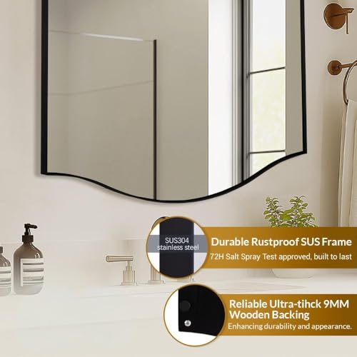 Image of ANDY STAR Scalloped Bathroom Mirror,24 inchx32 inch Black Rectangle Wall Mirror with Curved Edge Stainless Steel Metal Frame, Irregular Vanity Wall-Mounted Mirror for Bathroom, Entryway