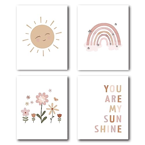 Image of XWELLDAN Boho Rainbow Sun Cloud Flower You Are My Sunshine Nursery Poster Wall Art Prints,Boho Gifts for Baby Girls,Bohemian Wall Art Decor for Baby Girls Room,8 x 10 Inch Set of 4 Prints,Unframed
