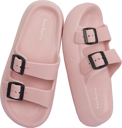 Image of BenSorts Women Cushion Pillow Sandal 2 Buckle Adjustable Foam Could Slide Family House Bathroom Shower Shoes Beach Slippers Pink Men Size 7 8 Women Size 8 9