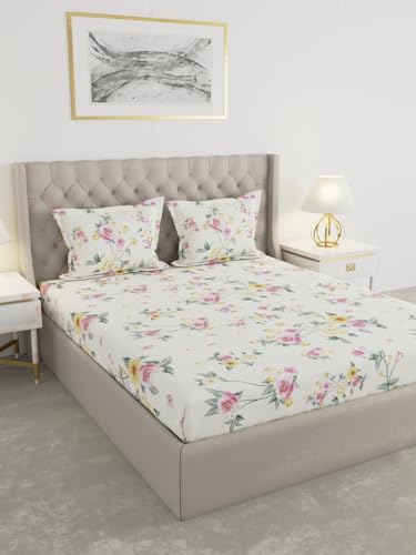 Image of Raymond Home 100 GSM Insignia Ultra Soft Floral Double Bedsheet (2.25 Mx2.50 M) with 2 Pillow Covers(46 CM x 69 CM) - Off White & Yellow