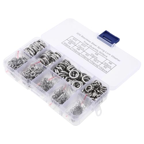 VALICLUD 600pcs Stainless Steel Spring Lock Washers and Plain Spacers Assortment Kit M2 to 12mm for Industrial Repair and Mechanical Fastening Applications