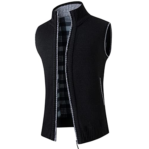Mens Full Zip Sweater Vest Velvet Lined Stand Collar Sleeveless Cardigan