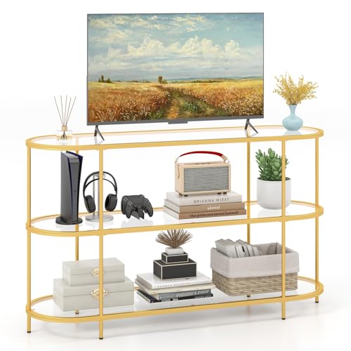 COSTWAY Meuble TV en Verre Trempé, Meuble Télé 3 Niveaux pour 65 Pouces, Console TV Design Ovale, Meuble Console Entrée Moderne pour Salon, Chambre, Doré