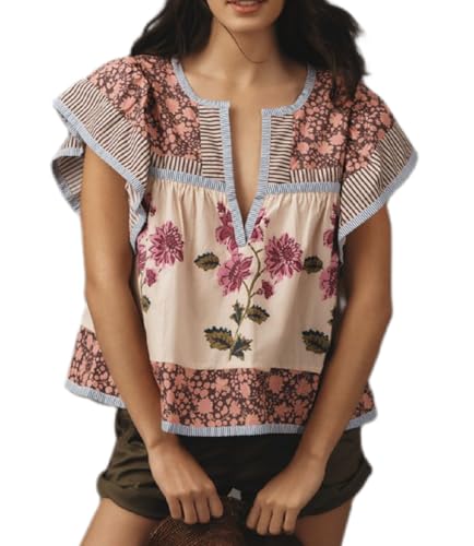 Women Boho Floral Peplum Shirt Flutter Sleeve Ruffle Babyboll Tops V Neck Patchwork Summer Coquette Blouse