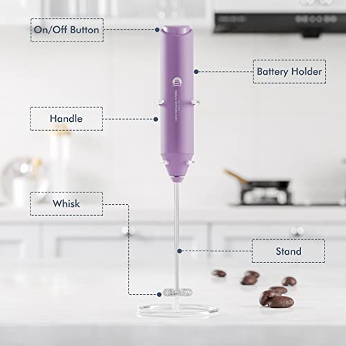 Image of Powerful Milk Frother Handheld Foam Maker, Mini Whisk Drink Mixer for Coffee, Cappuccino, Latte, Matcha, Hot Chocolate, With Stand, Light Purple