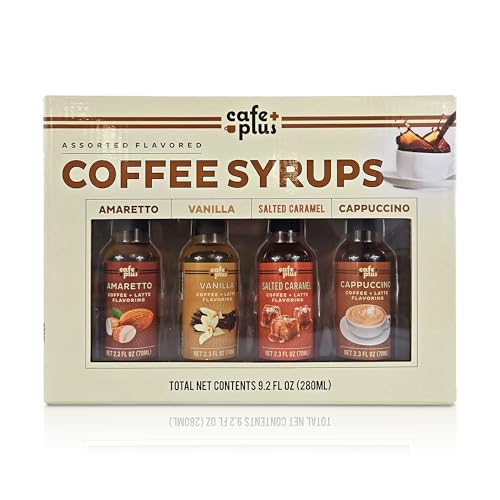 CafePlus Coffee Syrups 4-Pack – Vanilla Syrup, Brown Sugar, Caramel for Coffee & Sugar Free – Bar Accessories & Essentials