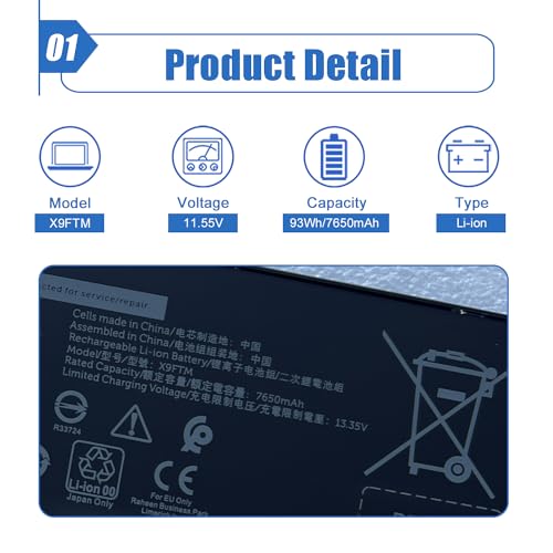 Image of X9FTM Laptop Battery 93Wh Compatible with Dell Precision 7770 7670 7680 7780 Series Notebook RCVVT 965V4 0965V4 5JMD8 05JMD8 11.55V 7650mAh