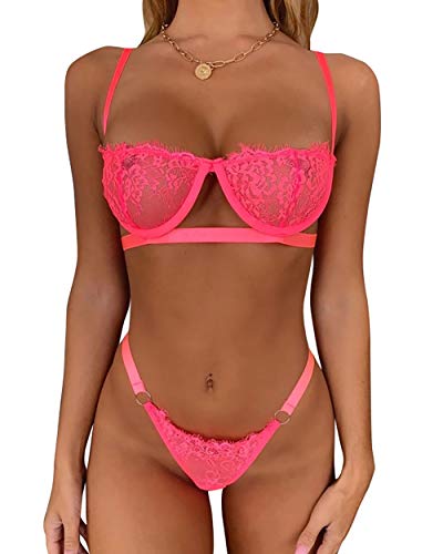 Lingerie Bra Panties for Women Lace Bralette Underwire Eyelash Mini Bra Set Pink
