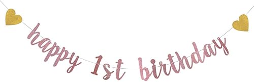 XIAOLUOLY - Cartel con purpurina de oro rosa, pre-encordado, decoración de fiesta de primer cumpleaños, telón de fondo de feliz primer cumpleaños
