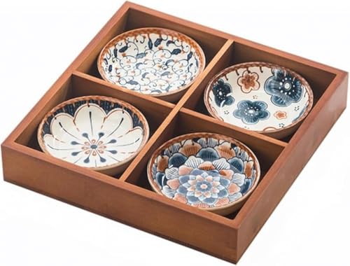 CokBlu 陶器豆皿小皿セット 竹製仕切り付きトレー付属 和食器 前菜皿・醤油皿・小鉢兼用 刺身・寿司・デザート対応 お節料理盛り皿 家庭・宴会用?