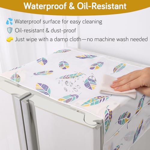 Image of HOKIPO Large Fridge Cover Top | For Bigger Double Door Refrigerator | Waterproof, Printed with 6 Side Pockets, Size Large 180x62 cm, Boho Feathers (AR-5876-D5)
