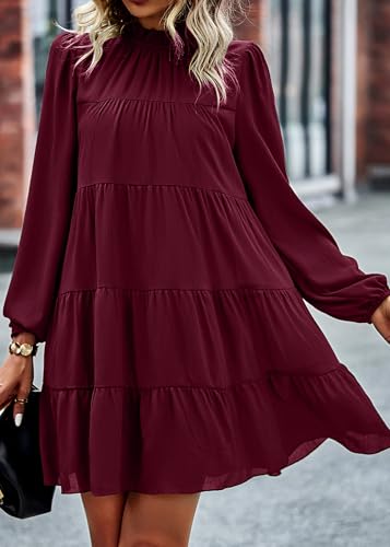 Image of KIRUNDO Women's 2026 Fall Long Sleeve Baby Doll Dresses | Ruffle Mock Neck, Tiered Flowy Swing, Mini Shift Dress, Loose Fit, Wedding Guest, Baby Shower, Summer, Autumn Winter Clothing