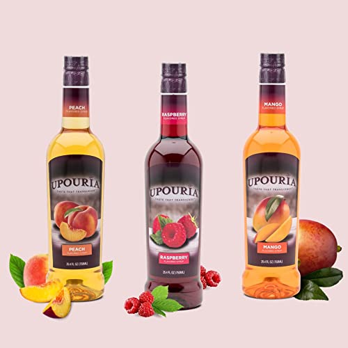 Upouria Coffee & Tea Syrup Variety Pack, Raspberry, Mango, And Peach Flavoring, 100% Vegan, Gluten-Free, Kosher, 750 Ml Bottles With 3 - By The Cup Coffee Syrup Pumps #TOP4
