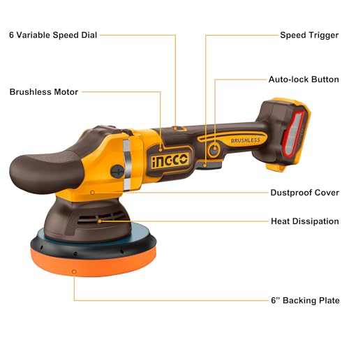 INGCO 20V Brushless Random Orbital Polisher 150mm, Cordless Polisher Buffer Waxing Machine (Bare Tool), 6 Variable Speeds 2000-4500RPM, Safety Lock Button APLI2015 4 INGCO 20V Brushless Random Orbital Polisher 150mm, Cordless Polisher Buffer Waxing Machine (Bare Tool), 6 Variable Speeds 2000-4500RPM, Safety Lock Button APLI2015 - Image 4