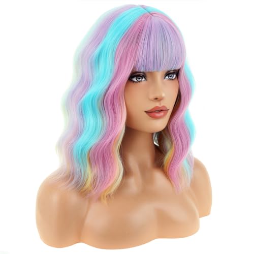 PATTNIUM 14 Inches Rainbow Wig Short Wavy Pastel Wig with Bangs Multi Color Wigs for Women Girls Heat Resistant Synthetic Cosplay Costume Wigs