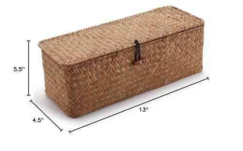DOKOT Seagrass Woven Storage Basket with Lid, Rectangular Narrow Tampon Toilet Tank Organizer - Image 3