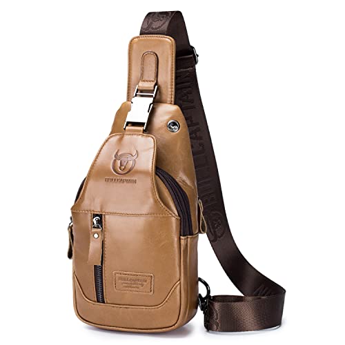 Hebetag Leather Sling Chest Bag Crossbody Backpack for Men Women Outdoor Travel Camping Hiking Shoulder Day Pack Casual Daypack, Yellow Brown