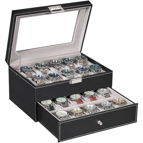 BEWISHOME 20-Slot Watch Box Organizer with Glass Lid