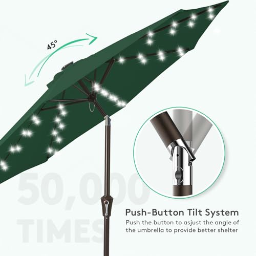 Image of JEAREY 9FT Outdoor Patio Umbrella with Solar Lights, LED Lighted Pool Umbrella with Tilt and Crank, Outdoor Table Umbrellas for Deck, Yard & Market (Dark Green)