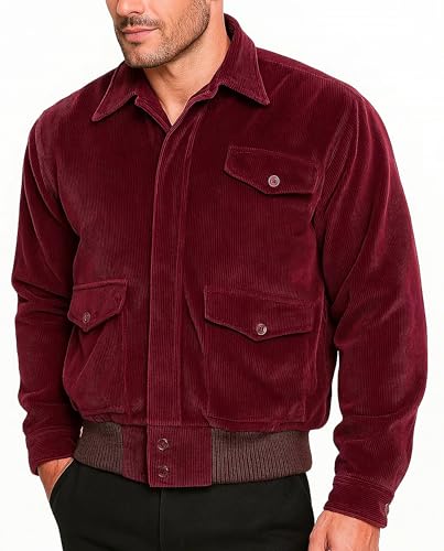 Mens Halloween Cosplay Costume Red Bomber Jacket Shirt Style Collar With Flap Pockets Red Corduroy Jacket
