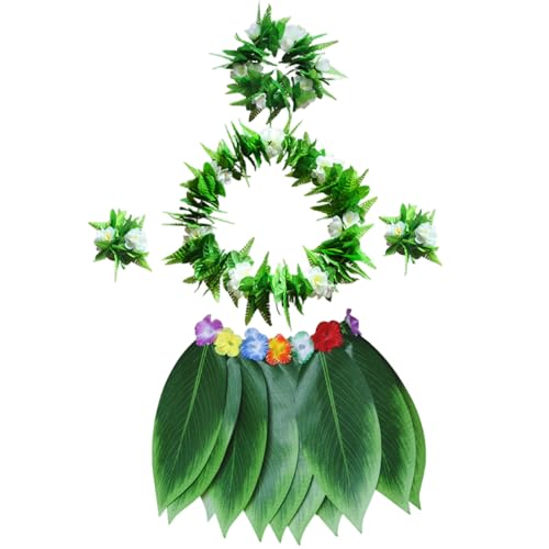 Hula Skirt for Adult 5PCS/Set Green Leaf Skirt with Necklaces Bracelets Headband Hawaiian Fancy Dress for Beach Luau Party Favors, L Hula Skirts for Adults Grass Hawaiian Fancy Dress Women