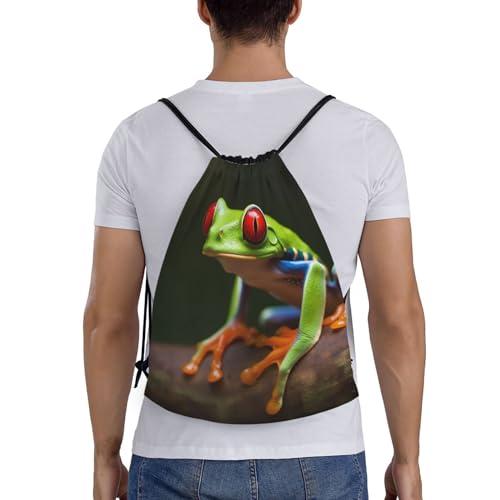 Red Eyes Tree Frogs print Drawstring Bag Waterproof Portable Backpack Traveling Sackpack For Gym Shopping Sport Small, Black2