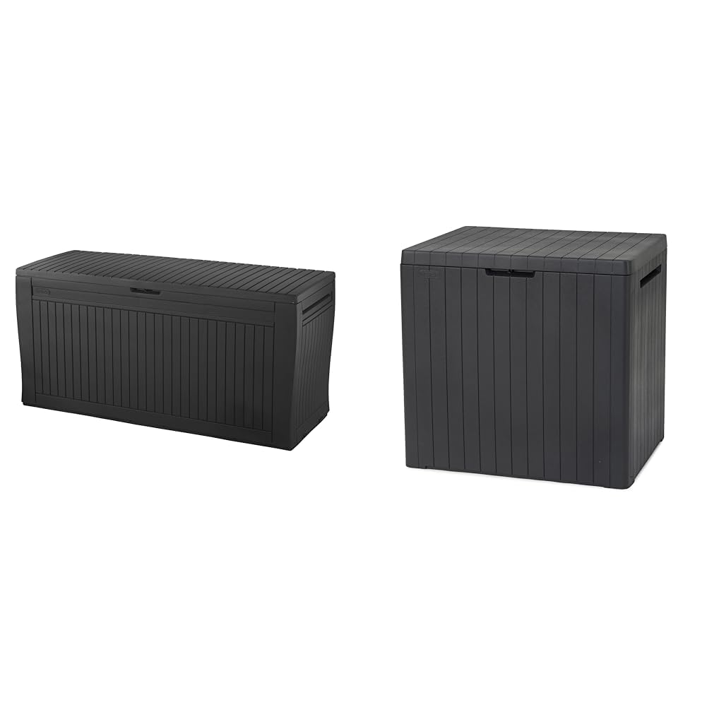 Keter Baule Comfy 270L, Finitura Effetto Legno, Grafite, 116,7 x 44,7 x 57 H Cm & City Box Cassapanca, Grigio Scuro, ‎44 X 58 X 55 Cm