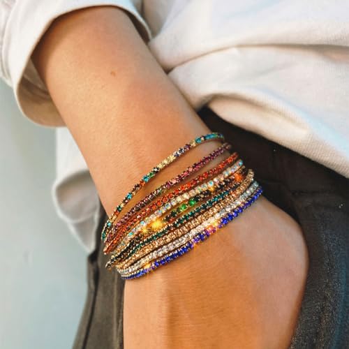 10Pcs 14K Gold Plated Dainty Sparkling Colorful Cubic Zircon Crystal Beaded Stackable Stretch Rhinestone Adjustable Tennis Chain Bracelets Birthday Jewelry for Women4