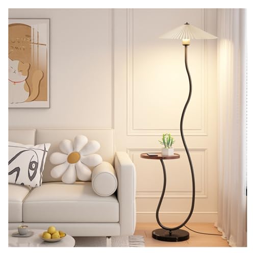 Mesa auxiliar moderna con lámpara de pie LED y base de mármol real en color negro.
