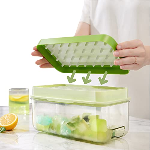 Ice Cube Tray With Lid And Bin, 64 Pcs Ice Tray Kit With Ice Scoop, Ice Cube Pop Out Tray, Ice Cube Trays For Freezer, Ice Cube Molds, Bpa Free, Easy Release Stackble Spill-Resistant Zzwillb (Green) #TOP2