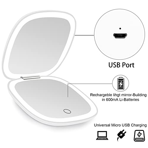 Deweisn Compact Mirror, Lighted Travel Makeup Mirror With 1X/10X Magnifying Double Sided Dimmable Portable Pocket For Handbag And Pocket, Usb Charging(White) #TOP5