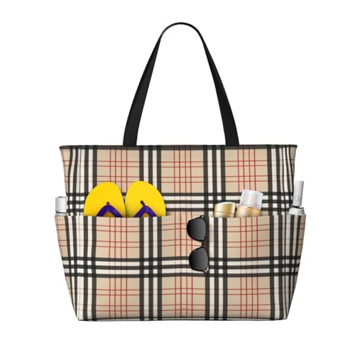 Beige Plaid Tartan Checkered Beach Bag Women Tote Bag Pool Bag With Zipper For Gym Grocery Travel With Wet Pocket, Black