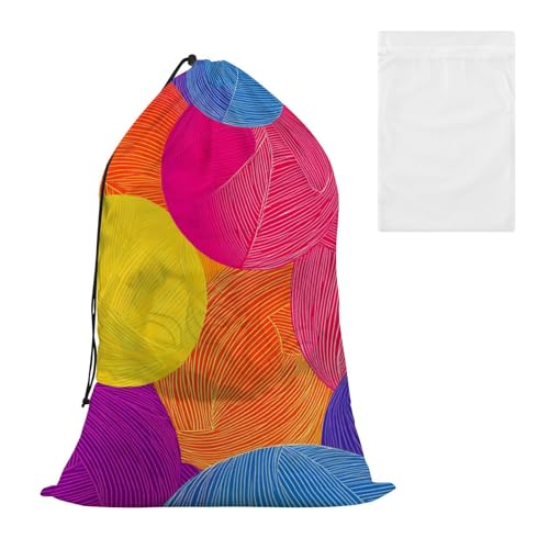 Bolsa de almacenamiento abstracta colorida de hilo de bola para ropa delicada con bolsa de lavado de malla para lavandería para dormitorio universitario o viajes, cierre de cordón, bolsa grande de