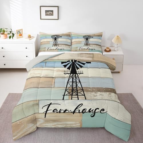 Windmill Decor Bedding Set - Full Size Rustic Farmhouse Comforter Set for Lodge Decor, Vintage Western Wooden Plank Bedding with Retro Farm Barn Door Quilt - Teal