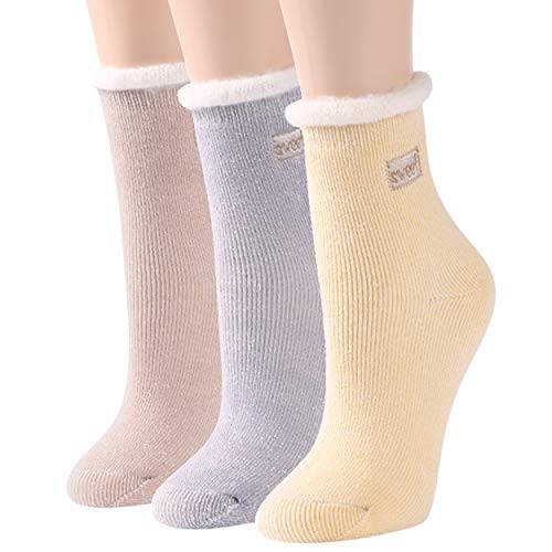 Hissox Thick Winter Thermal Socks, 3 Pairs Fleece Lined Fuzzy Insulated Heated Socks Outdoor Sports Indoor Full Cushioned Warm Sleeping Mid Calf Socks For Cold Weathe R Party, Yellow+Purple+Beige