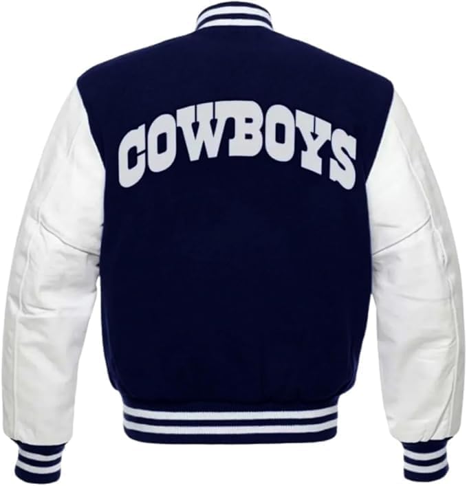 Cowboys Varsity Jacket Men's Style Letterman Jacket Navy Blue & White Football Fan Bomber Wool & Real & Faux Leather Sleeves3
