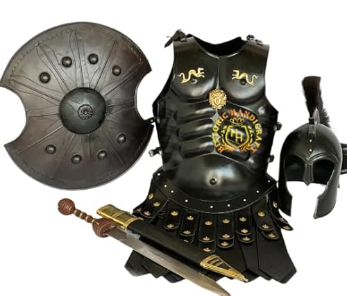 HISTORIC HANDICRAFT Escudo de armadura romano medieval con casco Troy Aquiles, chaqueta de armadura muscular griega SCA LARP 18GA acabado negro de acero espartano disfraz para Halloween