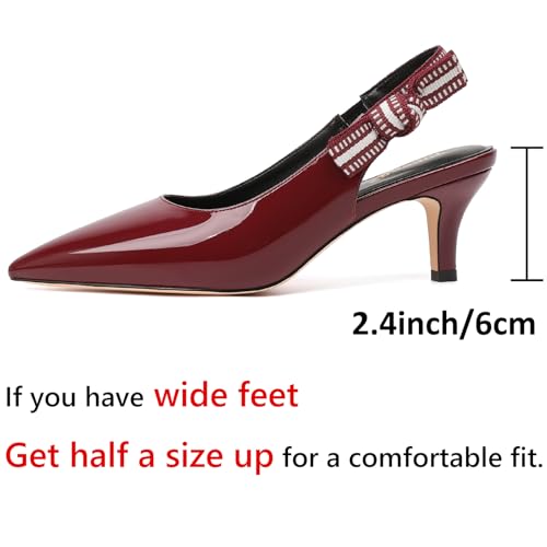 RIBONGZ Women Slingback Low Kitten Heel Shoes Closed Pointed Toe Dress Pumps Slip on Patent Leather Comfort Heels Braided Bowknot Work Wedding Shoes2