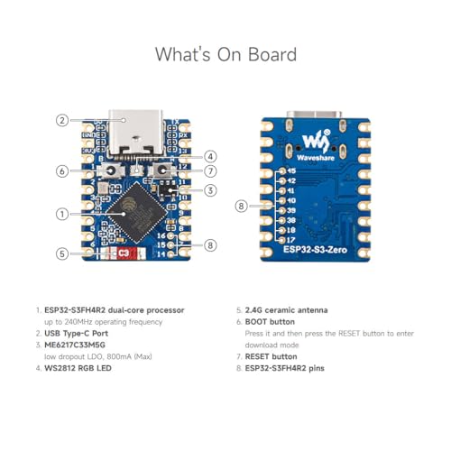 Image of Waveshare 3PCS ESP32-S3 Mini Development Board, Based On ESP32-S3FH4R2, Onboard Multi-Function GPIO Pins, Dual-Core Processor, 240MHz Running Frequency, 2.4GHz Wi-Fi & BLE 5