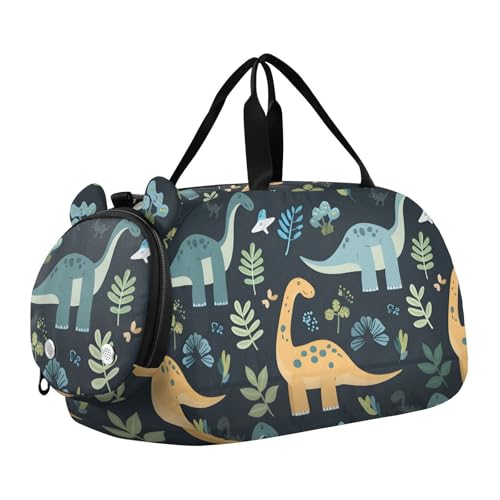 Duffle Bag Kids Gym Bag with Shoes Compartment & Wet Separation Overnight Travel Duffel Bag Blue Yellow Dinosaur for Girl Boy