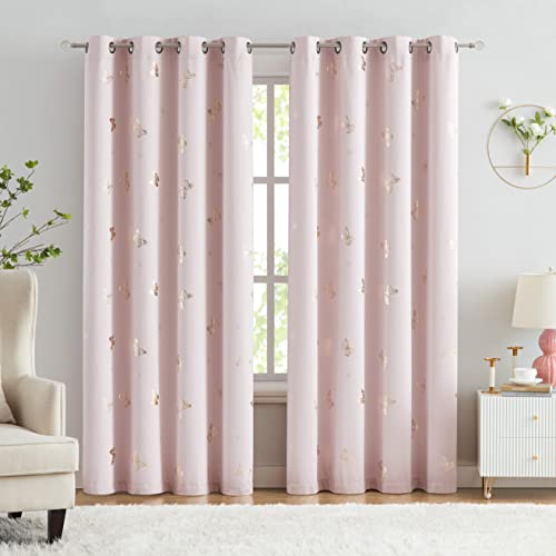 Jubilantex Pink Butterfly Blackout Curtains 2 Panels 84 Inch Long For Baby Girls Nursery Bedroom, Kids Gold Metallic Floral Print 80% Room Darkening Drapes Grommet Window Treatment For Living Room #TOP1
