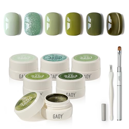 GAOY Olive Green Gel Nail Polish Set 6 Glitter Cat Eye Mixed Shades UV Gel Polish with Magnet for Salon Manicure & Nail Art DIY Serenity Forest