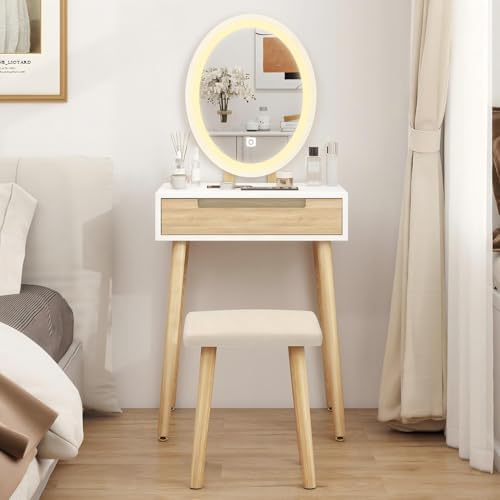 YU YUSING Tocador de Maquillaje con luz, 1 cajones, Organizador e...