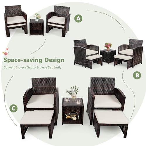 GIANTEX 5-delige set rotan tuinmeubelen, balkonmeubel, klein balkon, meubel, 2 rotanstoelen met kruk, tuinloungeset, terrasmeubels met tafel, tuinset, meubels (wit kussen) - Afbeelding 4