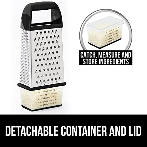 Gorilla Grip Stainless Steel Box Grater, 4-Sided Xl Cheese And Spice Graters With Handle, Slice, Shred, Grate Vegetables, Ginger, Potatoes, Handheld Food Shredder, Zester, Includes Container, Black #TOP5